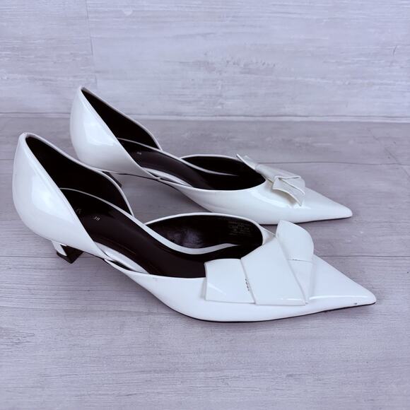 Zara Pointed Toe Patent Leather Pumps Kitten Heels Size 8 White Bow Detail - Picture 4 of 15
